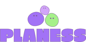 Logo de planes, tres formas circulares distintas e imperfectas colocadas una al lado de la otra formando un triángulo  y cada una de un color, debajo en mayúsculas escrito PlanESS