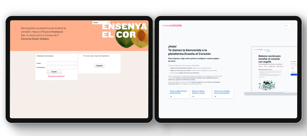 Captura de pantalla comparativa del antes y el después de la página de inicio de sesión de Show your Heart